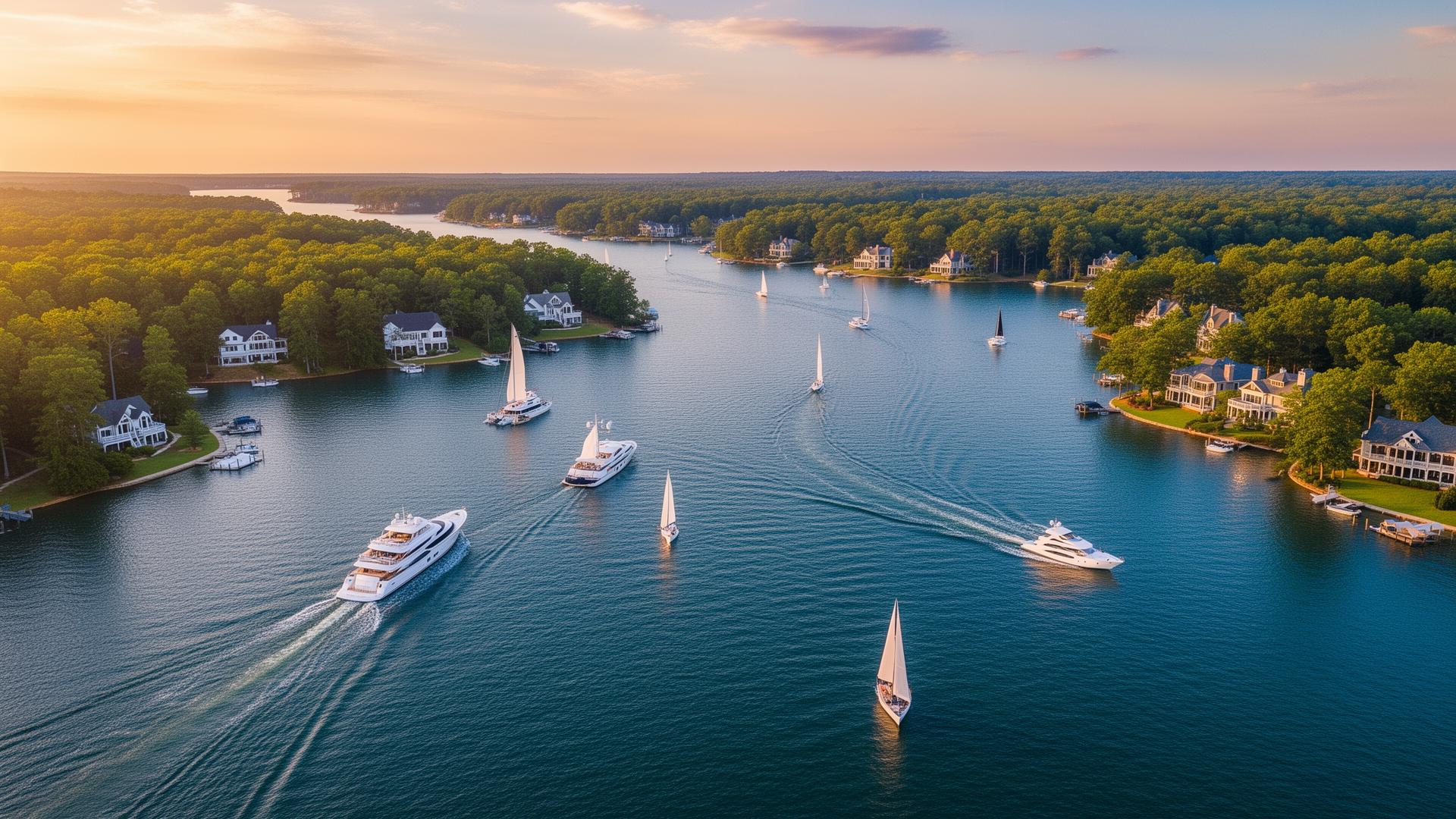 Aerial view of Lake Norman at sunset